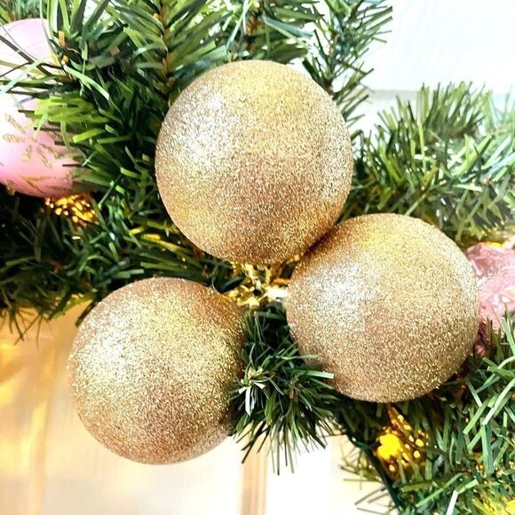 PINK AND GOLD 24” PRE-LIT CORDLESS WREATH - Picture 6 of 9